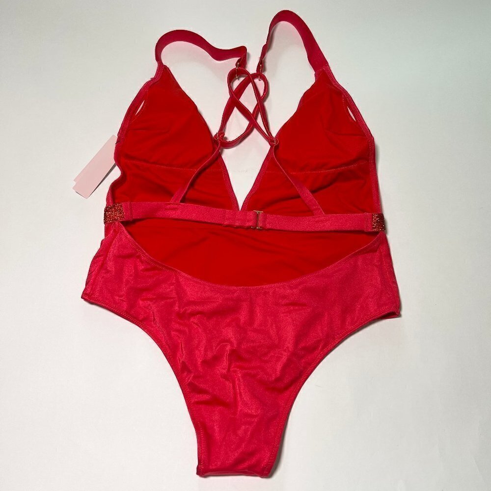 Victoria Secret Small S Shine Strap Plunge One Piece Swimsuit Bikini Red Pink - Picture 6 of 8